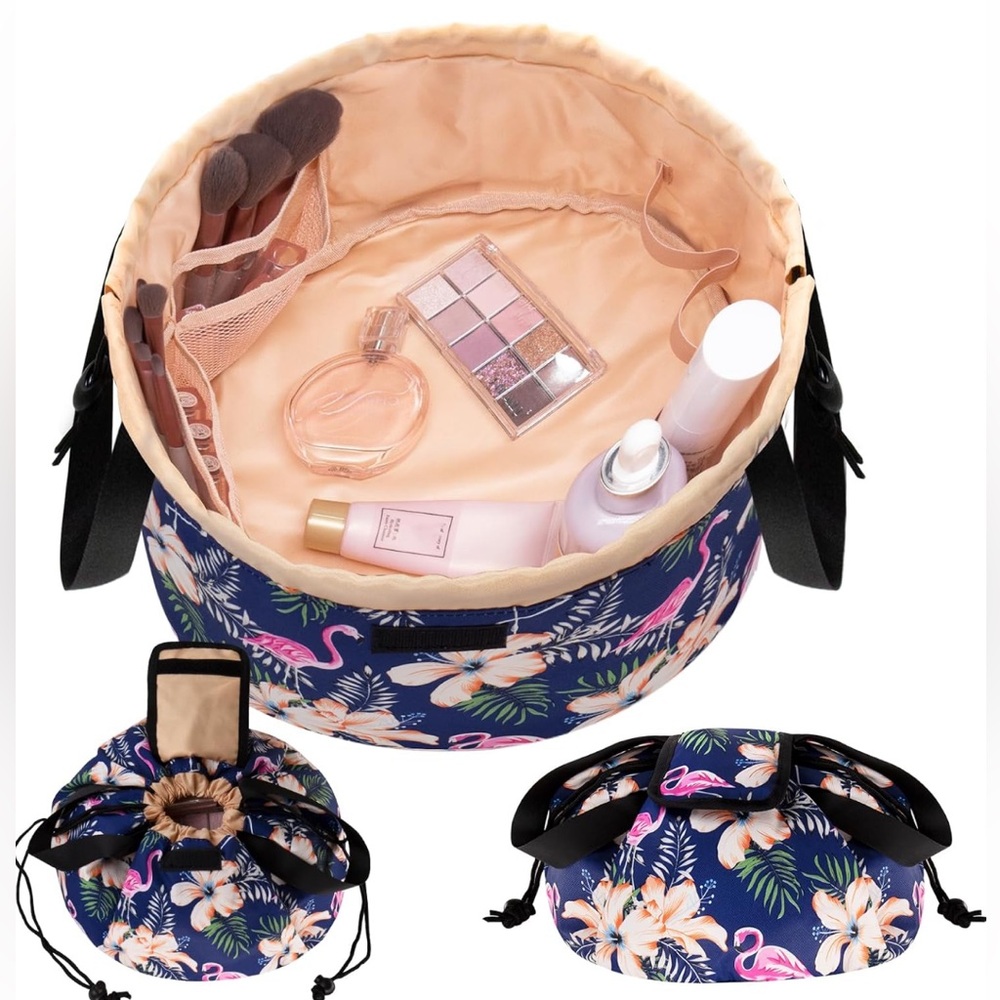Floral Flamingo Drawstring Makeup Bag - Navy Pink